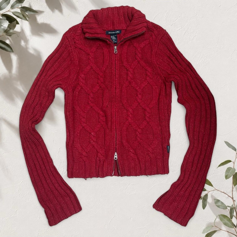 Abercrombie & Fitch Red Cable Knit Lambs Wool Blend Full Zip Sweater M